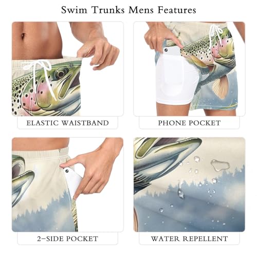 Men's Swim Trunks Closeup Trout Water, Quick Dry Beach Board Shorts with Liner, Swimwear Bathing Suits S3