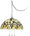 Robert Louis Tiffany Tropical Birds Tiffany Bronze Plug in Swag Pendant Chandelier 20" Wide Stained Glass 3-Light Fixture for Dining Room House Foyer Kitchen Island Entryway Bedroom Living Room