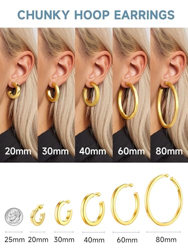 Image of Stainless Steel Chunky Hoop Earrings For Women, Minimalist and Chic, Black /Gold Plated, Round Hoops Earrings Hypoallergenic, Size: 30mm /40mm /60mm /80mm, Come with Box