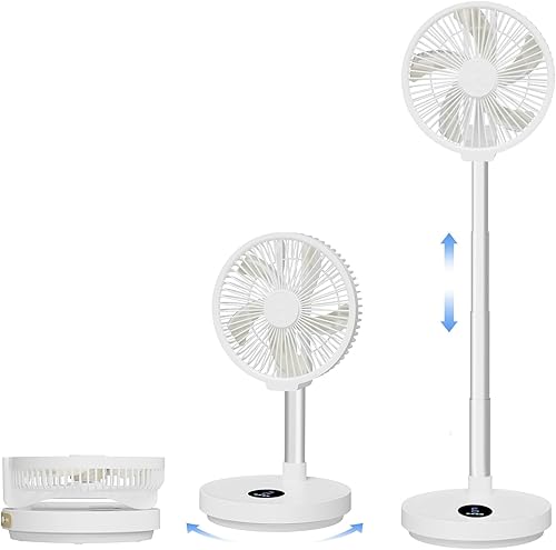 Ventilador oscilante plegable recargable de 10 pulgadas, ventilador de pie con batería de 7200 mAh con control remoto, 6 velocidades y función de