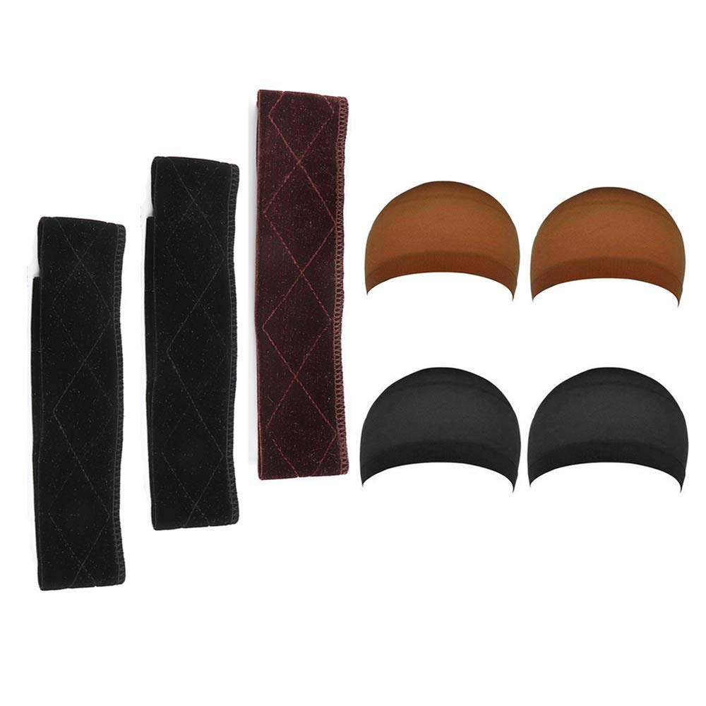 Wig Grip Headbands For Women Edge Saver Wig Headband Wig Bands No Slip Wig Grip Hair Band Velvet Wig Grip Band Elastic Stretched 3 Pieces Wig Head Bands With 4 Pieces Wig Caps Hair Net For Weave
