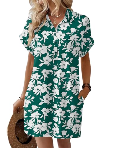 Image of HOTOUCH Womens Summer Shirt Dress 2026 Short Sleeve Floral Shift Dress Casual Loose Flowy Beach Sundress with Pockets