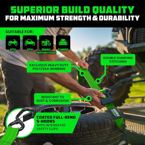 Image of Rhino USA Retractable Ratchet Straps (4-Pack) - 2 Inch x 10 Feet (3,033lb Break Strength) - Heavy Duty Auto Self Retracting Tie Down Straps for Truck, Cargo Trailer, Motorcycle, Rad & More - Green