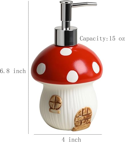 Miniatura 2 de Gaolinci Dispensador de jabón de manos de cerámica de 15 onzas, dispensador de jabón líquido para baño con bomba a prueba de fugas, hongo rojo