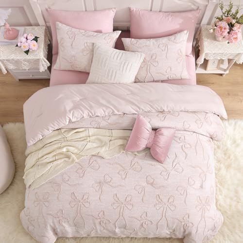 Image of Andency King Size Cute Comforter Set, 3 Pieces Pink Boho Tufted Bedding Set, 3D Puffy Bow Comforters for All Seasons (1 Comforter, 2 Pillow Shams), 104 inchx90 inch, Soft Peach