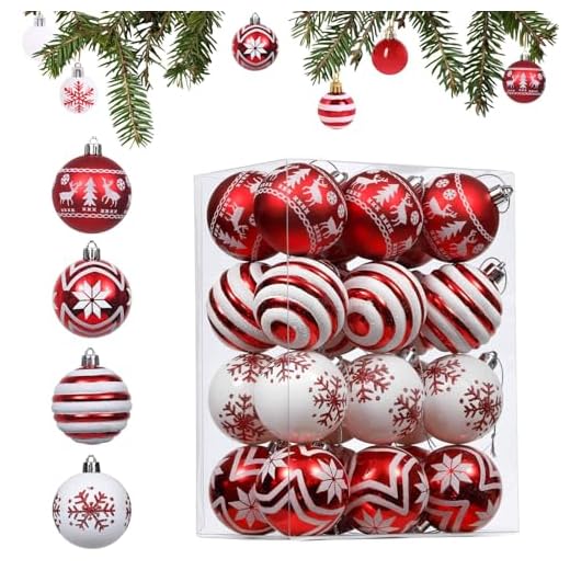 24 Pezzi Palline di Natale Rosse e Bianche, Palle di Natale, Palline di Natale per Albero Set, Decorazioni Albero di Natale Palline di Plastica Infrangibili Lucido, per Natalizie (Rosso e bianco)
