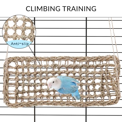 15.7\" Bird Parrot Climbing Net, Bird Ladder, Swing, Perch, Rest Platform, Hammock, Natural Seagrass Hand-Woven, Stress-Relief, Hanging on Cage, Bird Accessories for Budgie, Cockatiel, Other Pet Birds - Thumbnail 7
