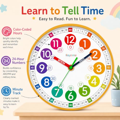 Image of Roymnie Wall Clock Kids Battery Operated Silent Non-Ticking Classroom 8 inch