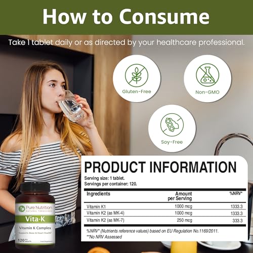 Pure Nutrition Vitamin K Complex K1 + K2 | 2250 mcg | 120 Tab | Full Spectrum K Vitamin Supplement with K1 1000mcg, K2 as MK4 1000mcg + K2 as MK7 250 mcg | Non GMO | Gluten Free - Image 6