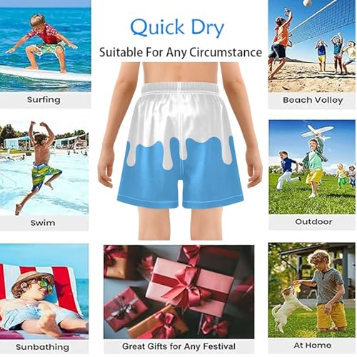 Ice Cream Blue Boys Swim Shorts with Compression Liner Milk Drip Pattern Swim Trunks Boys Size 12-13 Beach Board Shorts Stretch Swimming Trunks3