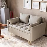 IDEALHOUSE Sofa Couch for Living Room, Loveseat Sofas with Hand Stitched Comfortable Cushion, Faux Leather Sofa with Gold Metal Legs and Lift-Up Storage, Beige