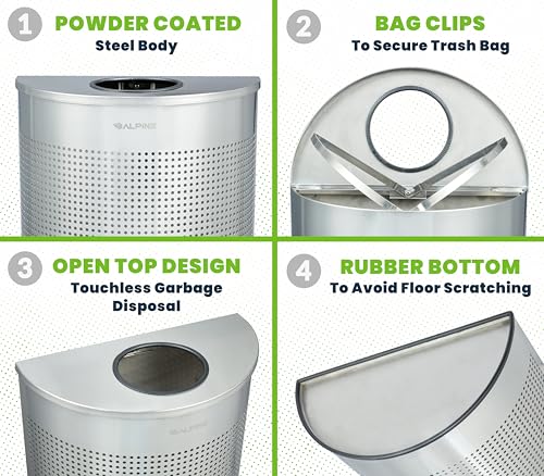 Image of Alpine Half Round Trash Can Open Top - Modern 12 Gallon Stainless Steel Space Saving Indoor Commercial Trash Can, Narrow Garbage Can for Bathroom. Office, Lobby and Business.