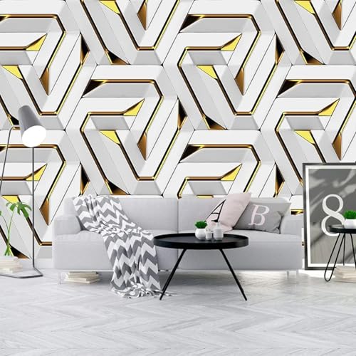 YOZYOOOZ Papel tapiz 3D creativo con diseño geométrico en blanca y dorado tridimensional, despegable y adhesivo, ideal para dormitorio, sala de estar y oficina.