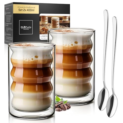 ElbFuchs® Vasos de cristal de doble pared Latte Macchiato [2×400 ml] vasos térmicos transparentes con cucharillas – para cappuccino, café & té