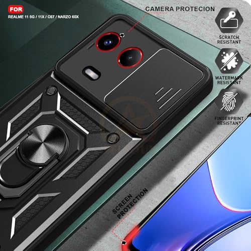 Image of Armor Bumper Back Cover Case for Realme 11 5G / 11X / C67 / Narzo 60X Rotating Camera Cover, Ring Holder & Kickstand | Heavy Duty & 360 Degree Protection Back Cover (Black)