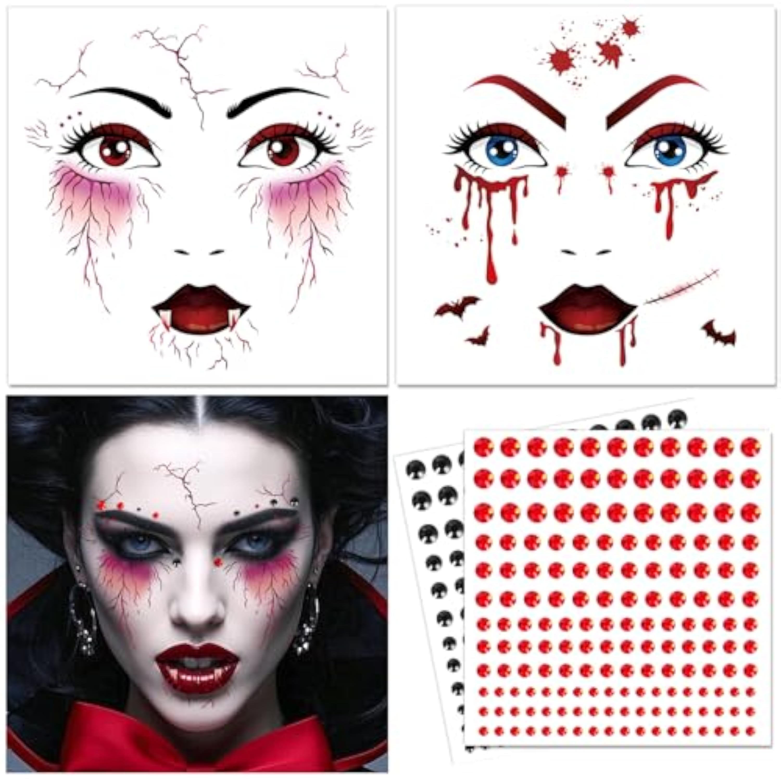 DPKOW Tatuajes de Caras de Vampiro con Gemas Faciales Adhesivas, Tatuaje Temporal de Vampiro Accesorios para Disfraces de Halloween Maquillaje para Hombres Mujeres y Niños Tatuajes Falsos