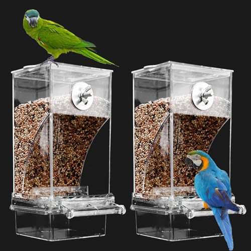 Automatic No Mess Bird Cage Feeder， 2Pack Acrylic Transparent Parrot Seed Feeders with Perch Parakeet Food Container Cage Accessories for Small and Medium Lovebirds Canary Cockatoo Cockatiel Finch
