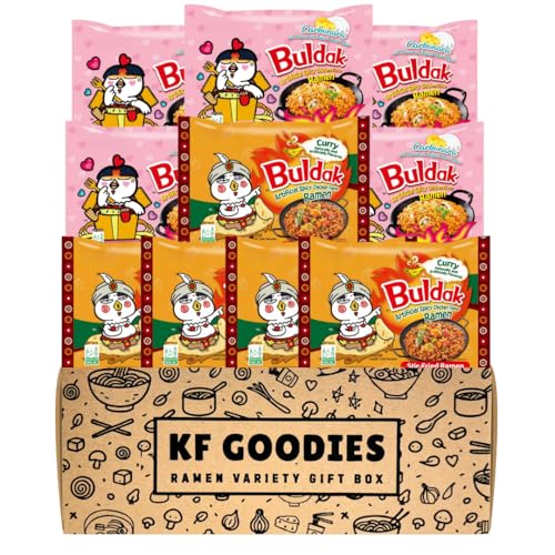 KF GOODIES Korean Ramen Variety Pack Gift Box (10 Count) – Spicy Buldak Noodle Assortment for Birthdays, College Care Packages, Office Snacks, and Gift Baskets