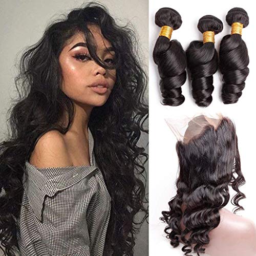 Mink Hair 360 Frontal with Loose Wave 3 Bundles 24" 26" 28" with 20" 360 Closure 8A Grade Peruvian Virgin Human Hair Weave Extensions with Free Part 360 Closure Natural Color