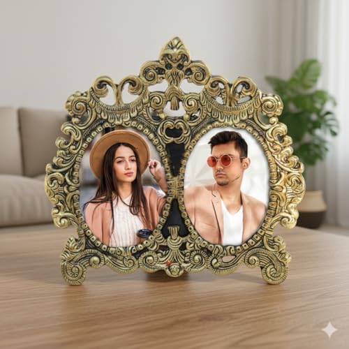 Image of Handicrafts Paradise Double Photo Frame Antique Gold Finish Twin Oval Picture Frame with Vintage Baroque Scrollwork Design for Home Decor & Gifts - 8.5 Inch