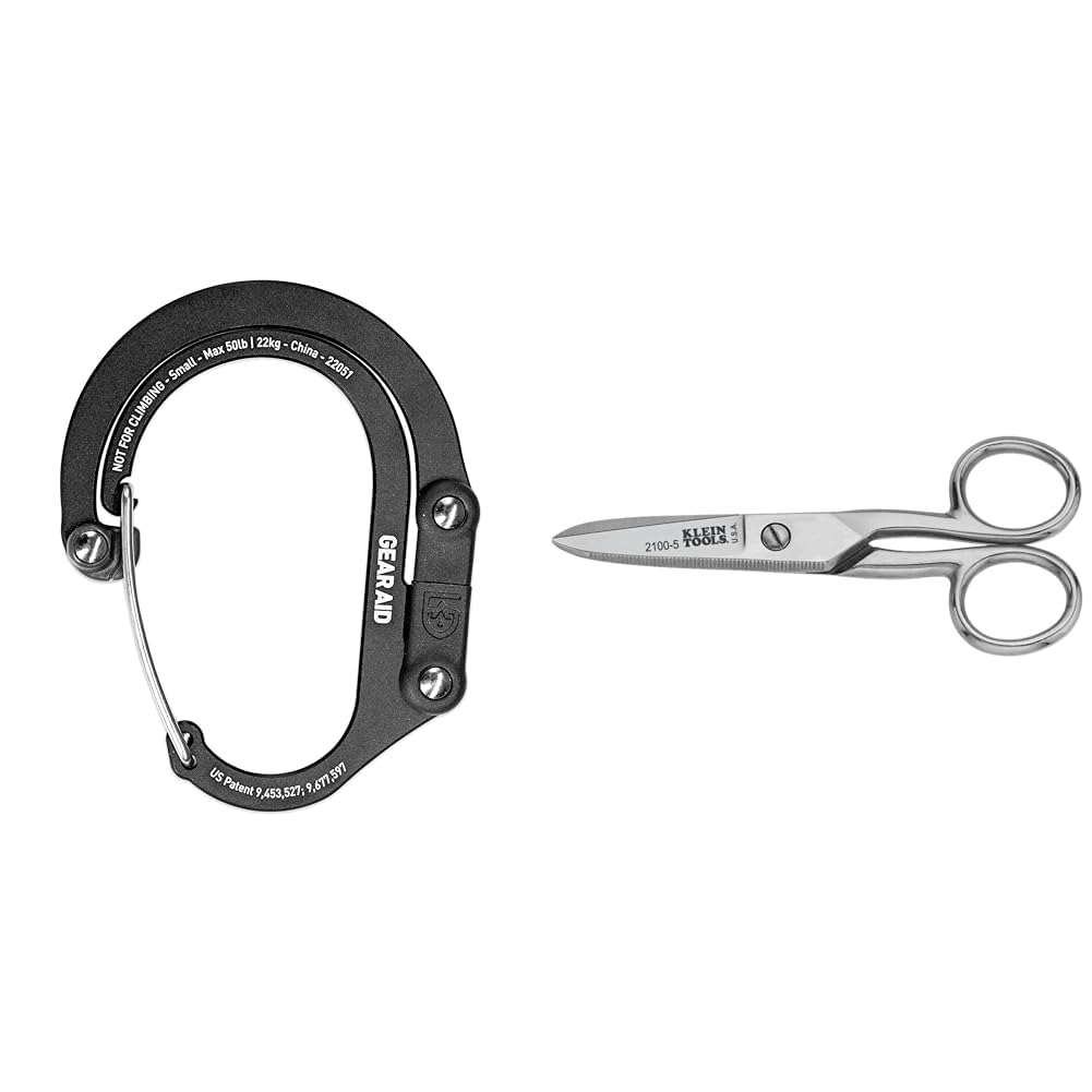 HEROCLIP Carabiner Clip and Hook (Small) for Purse, Stroller, and Backpack, Stealth Black & Klein Tools 2100-5 Electrician Scissors for Heavy-Duty Cutting, Corrosion Resistant, 5-1/4-Inch