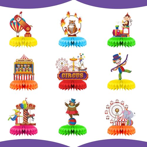 KLINNA Lot de 9 décorations de table clown 3D pour carnaval, boules en nid d'abeille, thème animal de cirque, décoration de table pour anniversaire, papier...