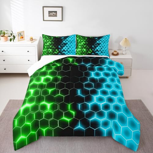 Image of Feelyou Green Blue Honeycomb Bedding Set Fluorescent Geometrics Hexagon Comforter Set Beehive Hexagon Comforter for Boys Girls Geometric Duvet Set Queen Size Quilt 3Pcs Boys