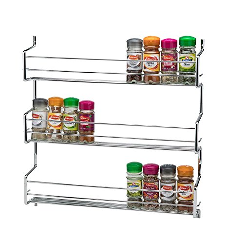 CKB LTDu00ae 3-Tier Spice Rack Metal Wallmounted - Holds 30 Jars - Chrome TRIPLE Shelf Wall Cupboard Door Mounted Storage Stand Kitchen Cooking Universal Organiser 45 x 7 x 46cm