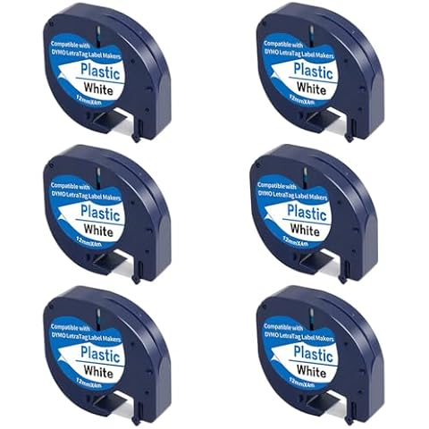 6-Pack 91331 White Plastic Label Tapes Replace for DYMO LetraTag Label Maker Refills for Letra Tag Plus LT100H LT100T, 1/2" x 13'(12mm x 4m), Black on White Cover