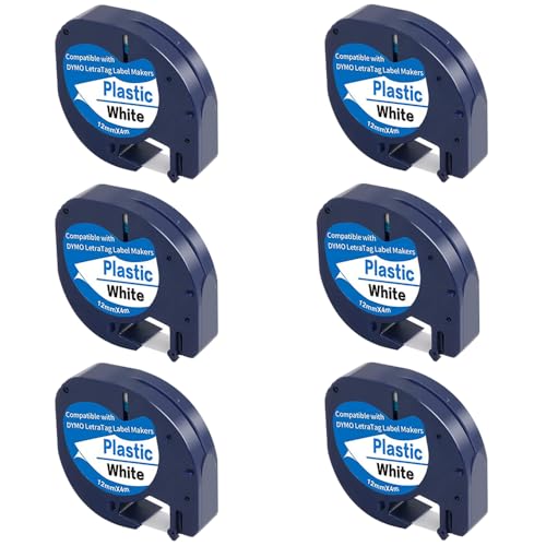 6-Pack 91331 White Plastic Label Tapes Replace for DYMO LetraTag Label Maker Refills for Letra Tag Plus LT100H LT100T 1/2 x 13(12mm x 4m) Black on White FlyLong Cartridges