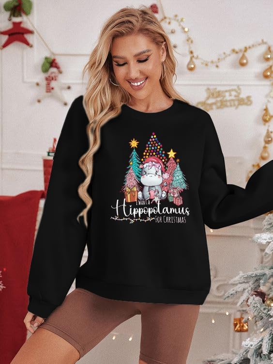 KNEYATTA Christmas Sweatshirt Women I Want A Hippopotamus for Christmas Shirt Funny Hippo Graphic Xmas Casual Tee Tops - Image 3