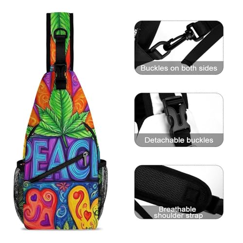 Fashion Chest Bag, Unisex Small Day Pack, Peace And Love Colorful Flower Weed Leaf Cross Body Sling Pack For Travel Hiking3
