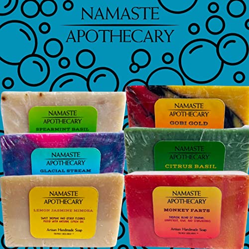 Namaste Apothecary By Tri-Way Hide-Away - Handmade Soap Collection Bar Soap For Men - 6 Soap Bar Variety Pack Body Soap - Cool Citrus Basil, Glacial Stream Scrub, Gobi Gold, Lemon Jasmine Mimosa, Monkey Farts, Spearmint Basil Scrub #TOP1