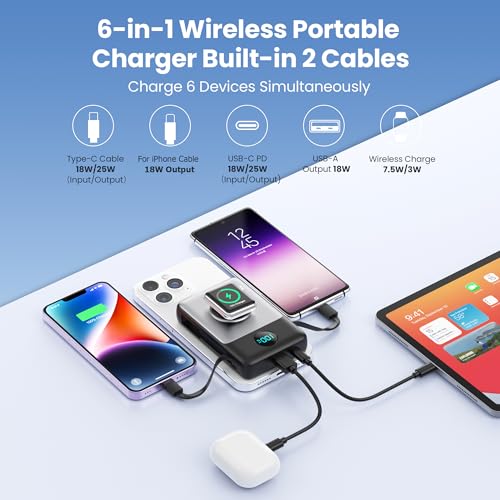 Image of 6 in 1 Magnetic Portable Charger for iPhone with Built-in Cables, 10800mAh 25W PD Fast Charging Power Bank, 6 Outputs Travel Essential Battery Pack for iPhone 17 /16 /15 /14 /13 /12 Series,Apple Watch