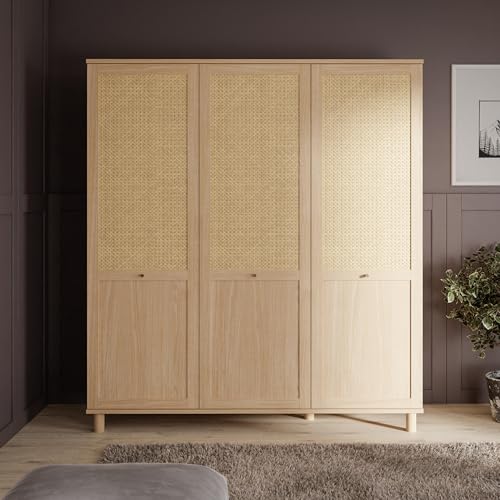 FORTE CALOROSO Kleiderschrank 165, Mid-Century-Modern Schrank mit Rattangeflecht, 3-türig, Holzwerkstoff, Elegancia Eiche/Technorattan, 164,8 cm breit, 201,1 cm hoch, 54,6 cm tief