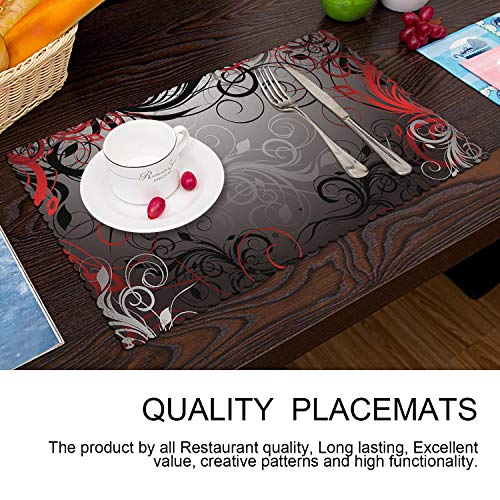 Britimes Set of 6 Placemats Abstract Red and Black Lines Kitchen Decorative Polyester Non-Slip and Heat-Resistant 12x18 Inches Place Mats for Dining Table