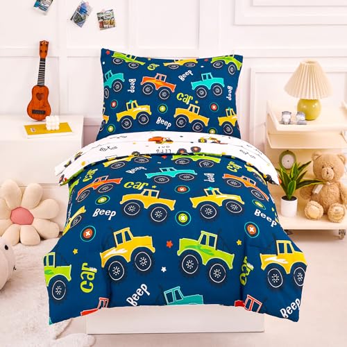 Image of PERFEMET Car Print Toddler Bedding Set 4 Pieces Blue Toddler Comforter Set for Boys Reversible Fluffy Cartoon Bed in A Bag, Includes Comforter, Flat Sheet, Fitted Sheet and Pillowcase