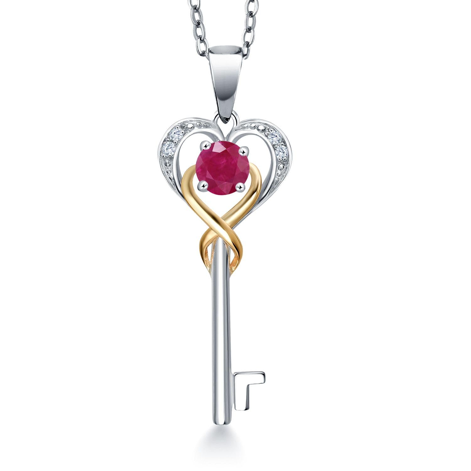 Gem Stone King Heart Key Pendant Necklace For Women | 4MM Round Gemstone Birthstone and Lab Grown Diamond | 925 Sterling Silver and 10K Yellow Gold |