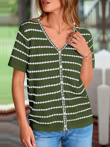 Image of NALANISA Women's Short Sleeve Sweater Spring Summer Crochet Knit Tops 2026 V Neck Striped Button Down Dressy Casual Blouses