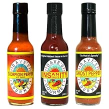 Daves Gourmet Super Spicy Hot Sauce Variety 3 Pack - Includes Insanity, Ghost Pepper Naga Jolokia & Scorpion Pepper - Hottest Hot Sauce - No Preservatives, Vegan, Gluten-Free Sauce, 5oz Bottles