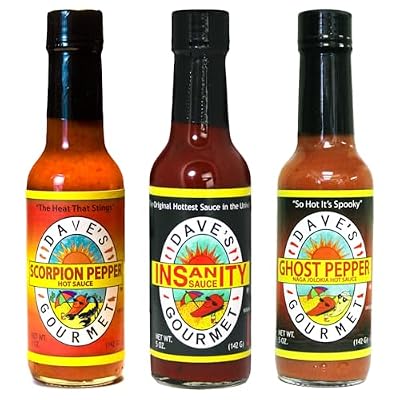مجموعة متنوعة من 3 صلصات حارة حارة للغاية من Daves Gourmet - تتضمن Insanity وGhost Pepper Naga Jolokia وScorpion Pepper - صلصة حارة للغاية - بدون مواد حافظة، نباتية، صلصة خالية من الجلوتين، زجاجات سعة 5 أونصات