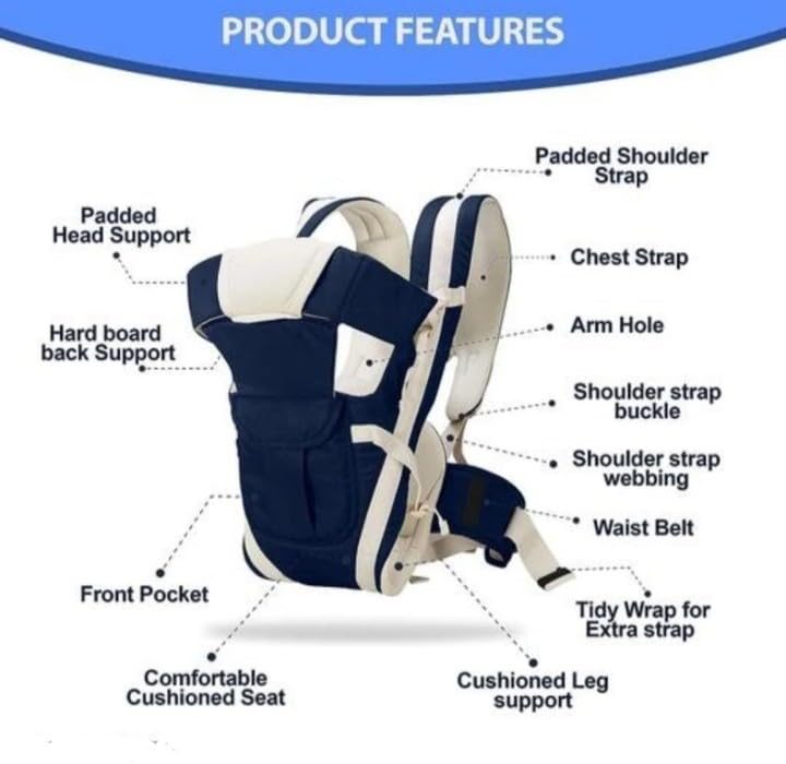 Image of Baby Carrier, Brown and Cream, Ergonomic Design with Padded Straps, Front and Back Carry (navyblue&Beige)