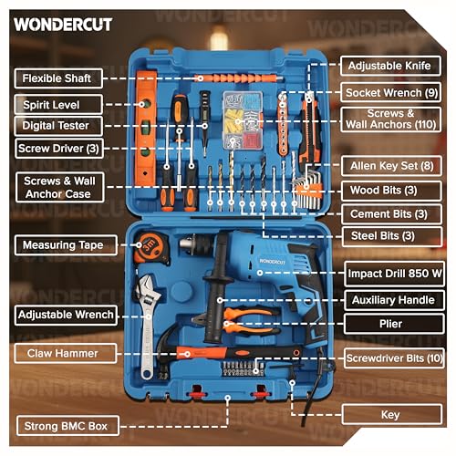 Image of WONDERCUT Professional-Impact Drill Tool Kit, 810W, 3000 RPM,13mm Chuck, Blue BMC Box WC-13DK-600 Power & Hand Tool Kit (160 Tools)