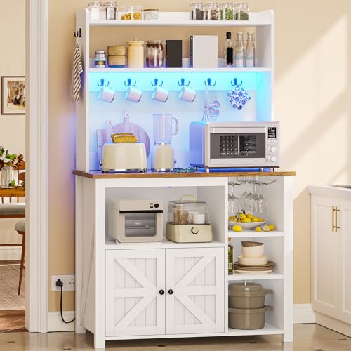 Image of Itaar 35.4 inch Bakers Rack with Power Outlet and Storage, Farmhouse Coffee Bar Cabinet, Microwave Stand Kitchen Cabinet with Hutch, LED Lights, Wine Glass Holder and 8 Hooks,White