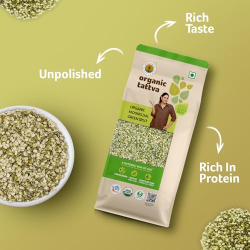 Image of Organic Tattva - Organic Green Moong Dal Split Chilka (Hari Moong Dal) 1 KG | 100% Organic, Gluten Free and NO Additives | Unpolished