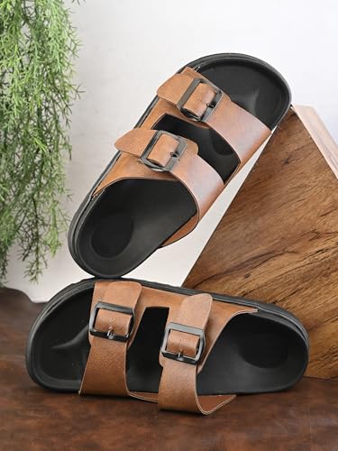 Image of STANPHORD Men Double Buckle Slider Sandals | Faux Leather Fashion Chappal | EVA Non-Slip Cushioned Sole | Casual Summer Daily Indoor Outdoor Wear (TPAI 14102)