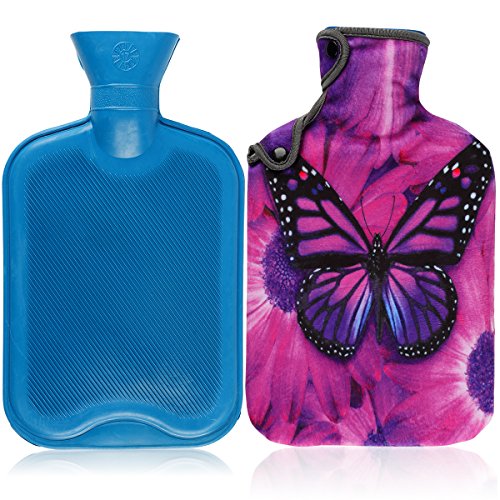 Hot Water Bottle & Cover Set,AUPET 2 Liters Premium Classic Rubber Hot Water Bottle with Super Luxurious Cozy Soft Flannel Cover Set, Great For Pain Relief, Hot and Cold Therapy (Purple Big Butterfly)