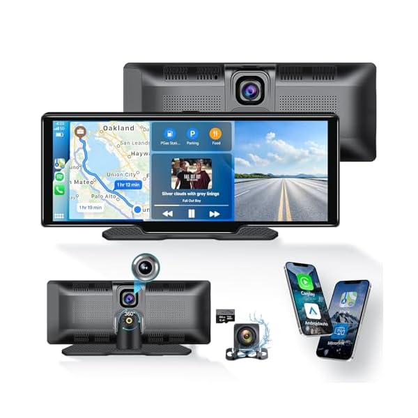 Portable Carplay Screen 10.26'' HD IPS Apple Carplay & Android Auto Screen for Car, Wireless Car Play Stereo with 4K Dash Cam/1080P Rear Camera, Car Audio Receivers,GPS Navigation,Mirror Link,FM,Siri