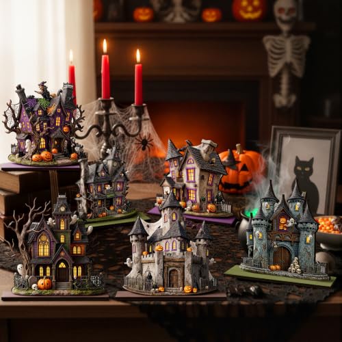 Image of Yuntau 6 Pcs Halloween Wooden Table Decorations Haunted House Table Centerpiece Decor Spooky Ghost Pumpkin Castle Tabletop Signs with Stands, Rustic Tiered Tray Mantel Decor for Halloween Party