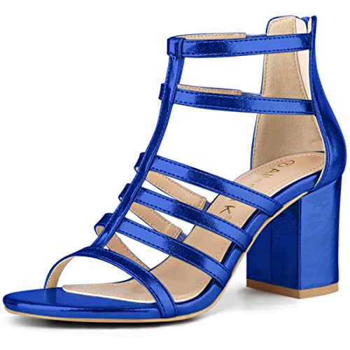 Allegra K Allegra K Women's Cage Strappy Gladiators Chunky Heels Deep Blue Sandals 7.5 M US